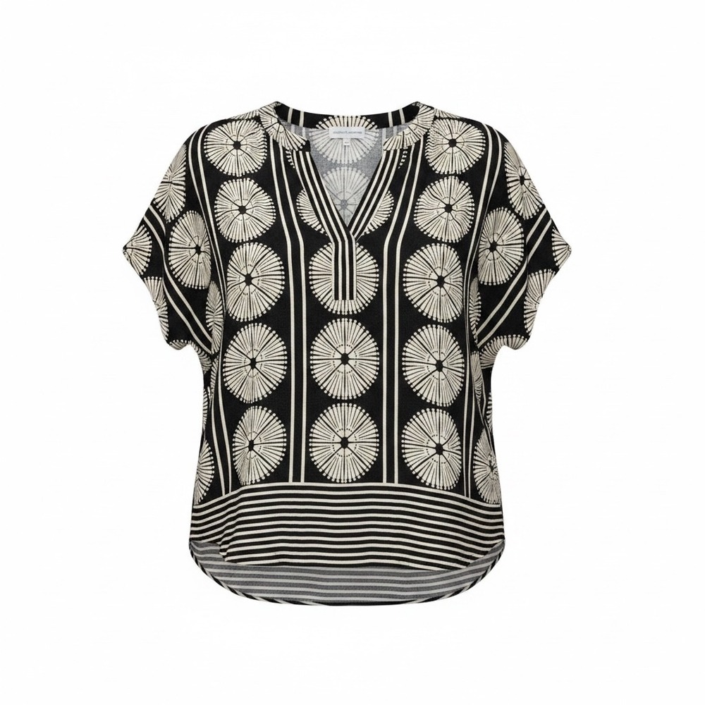 Gibson Latimer Womens XL Black Cream Sunburst Stripe Viscose V-Neck Blouse Top